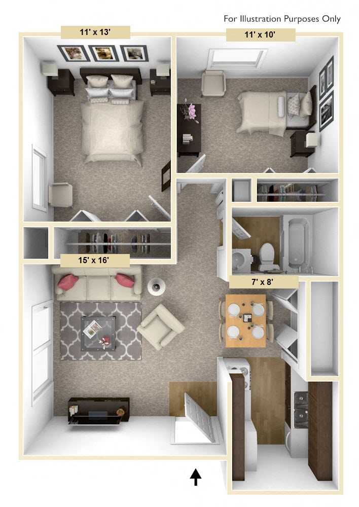 Floor plan for 2 beds, 1 bath, 700 sqft